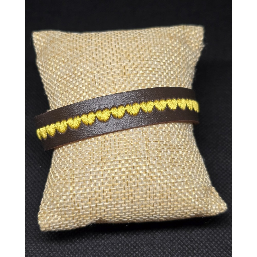 Brown Faux Leather Wrap Bracelet w/ Yellow Stitching, Adjustable Snap, No Stone